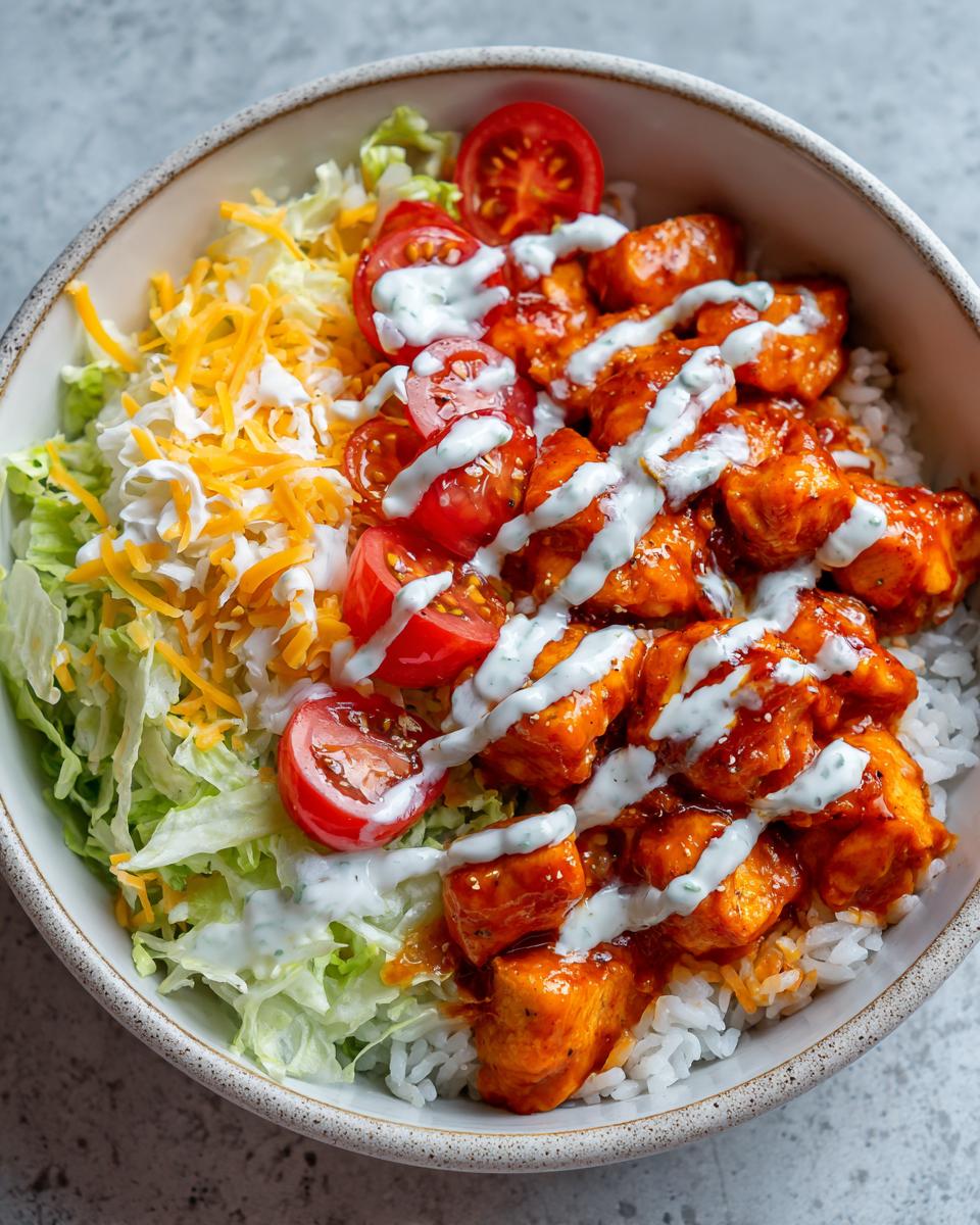 A close-up view of a delicious buffalo chicken bowl featuring saucy chicken pieces over rice, topped with lettuce, tomatoes, cheese, and ranch dressing.