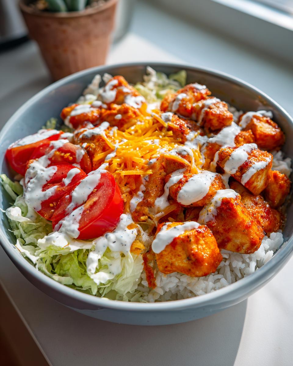 A close-up of a delicious buffalo chicken bowl layered with rice, lettuce, tomatoes, cheese, and drizzled with ranch dressing.