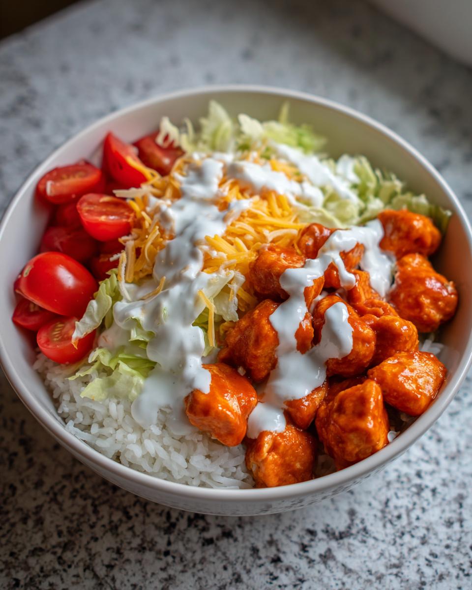 A close-up view of a buffalo chicken bowl featuring white rice, orange buffalo chicken pieces, shredded lettuce, tomatoes, cheese, and ranch dressing.