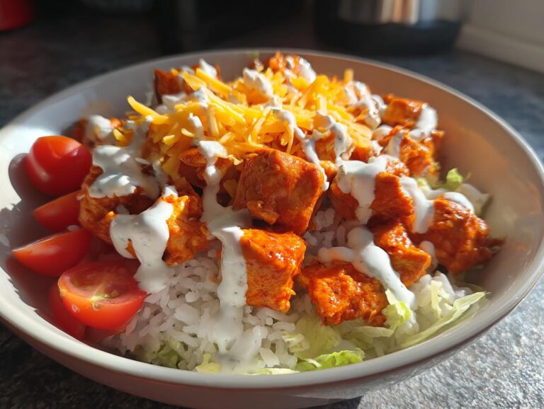 Close-up of a buffalo chicken bowl featuring orange-coated chicken pieces over rice, lettuce, topped with ranch dressing, shredded cheese, and cherry tomatoes.