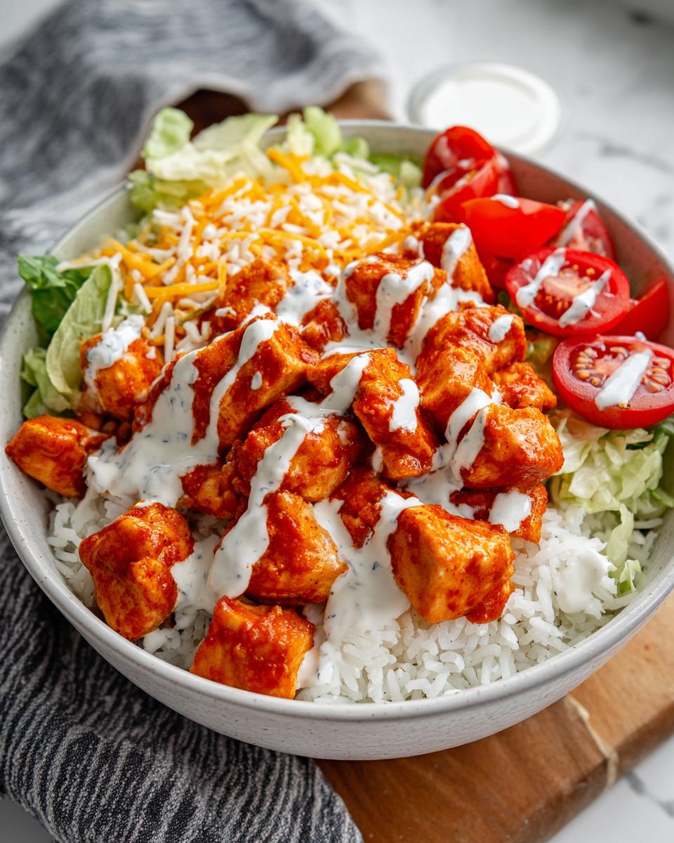 A close-up of a buffalo chicken bowl featuring saucy chicken pieces over rice, topped with ranch dressing, shredded cheese, lettuce, and tomatoes.