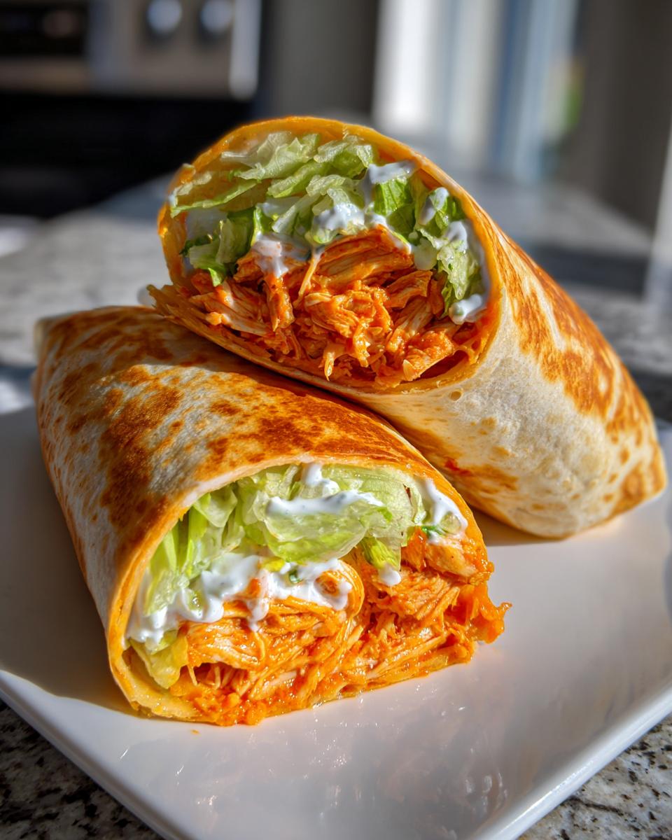 A buffalo chicken wrap cut in half, showing shredded orange buffalo chicken, crisp lettuce, and a drizzle of ranch or blue cheese dressing.