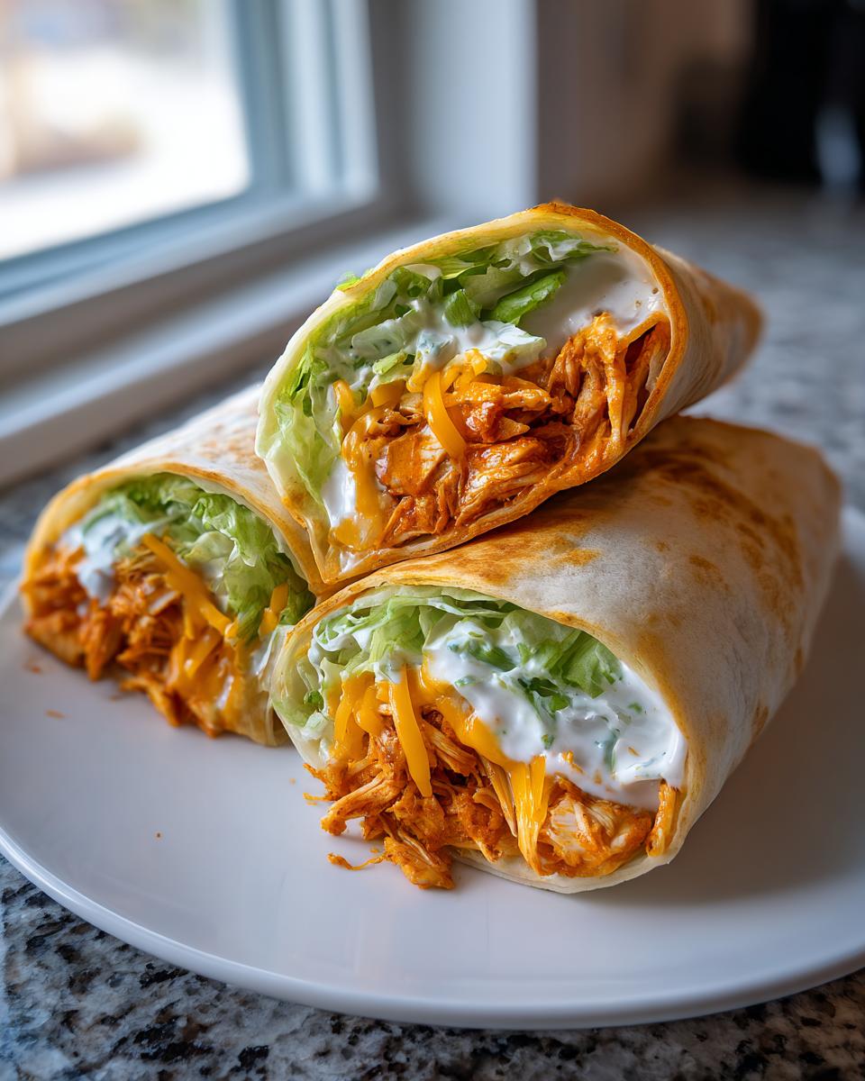 Two halves of a buffalo chicken wrap stacked on a white plate, showing shredded chicken, lettuce, cheese, and ranch dressing.