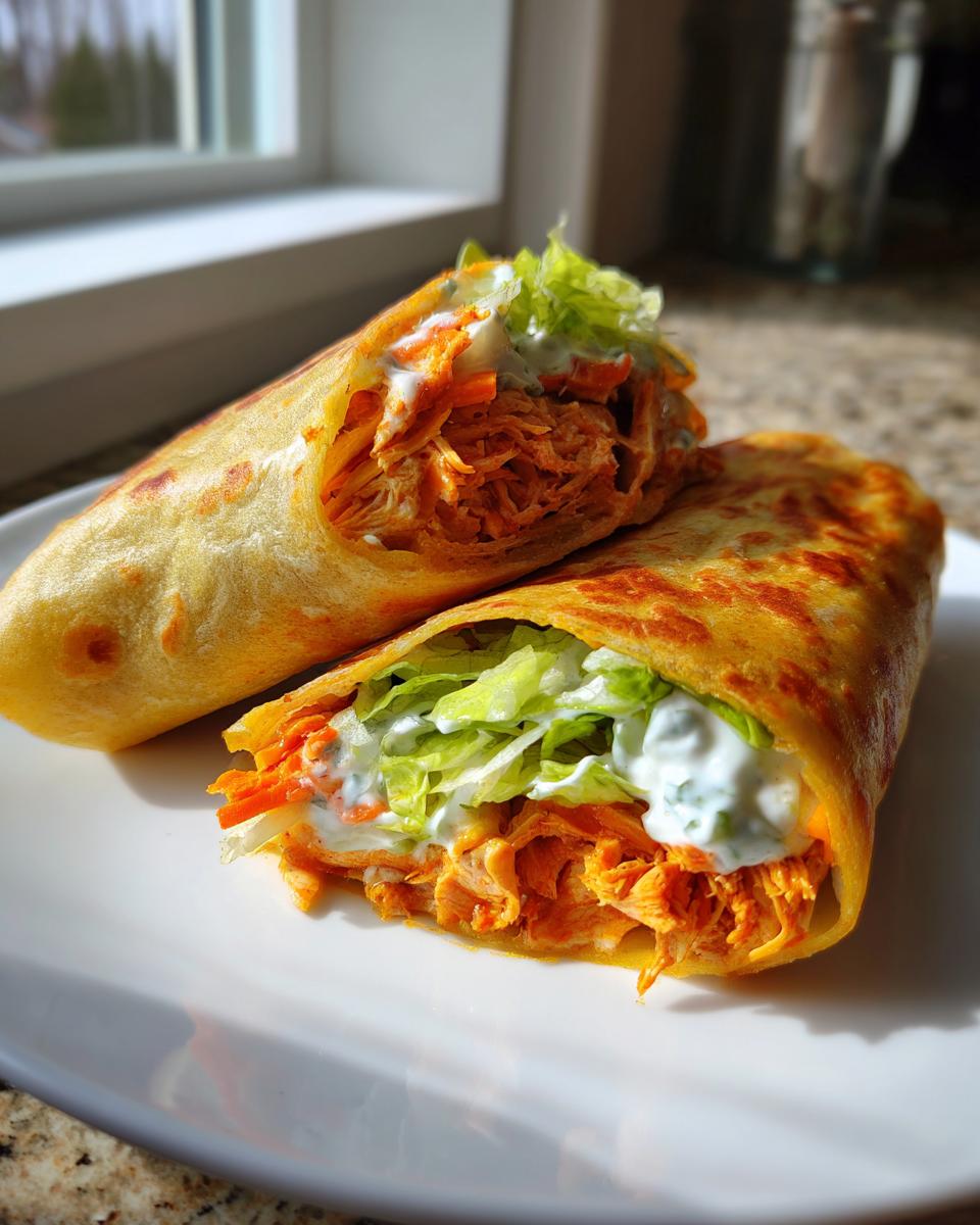 Two halves of a buffalo chicken wrap showing shredded orange buffalo chicken, lettuce, and ranch dressing on a white plate.