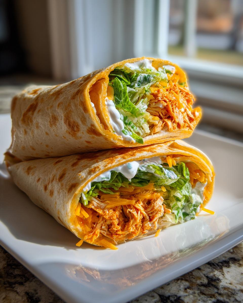 Two halves of a delicious buffalo chicken wrap stacked, showing shredded orange buffalo chicken, lettuce, cheese, and ranch dressing.