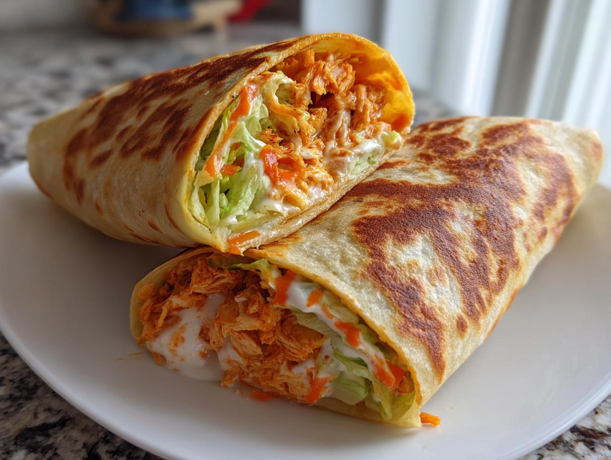 A buffalo chicken wrap cut in half on a white plate, showing shredded chicken coated in sauce, lettuce, and creamy dressing.