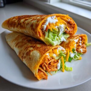 Two halves of a toasted buffalo chicken wrap spilling out shredded chicken, lettuce, cheese, and sour cream.