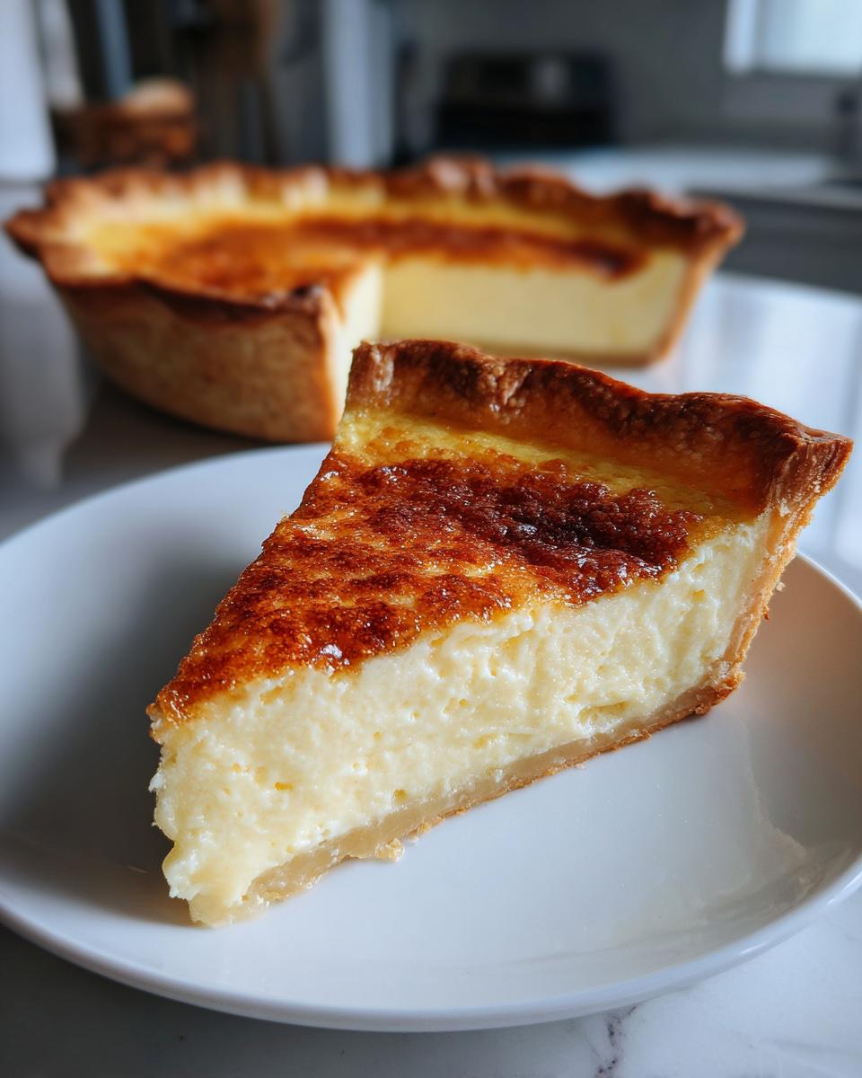 A close-up slice of creamy buttermilk pie with a deeply caramelized top crust, served on a white plate.