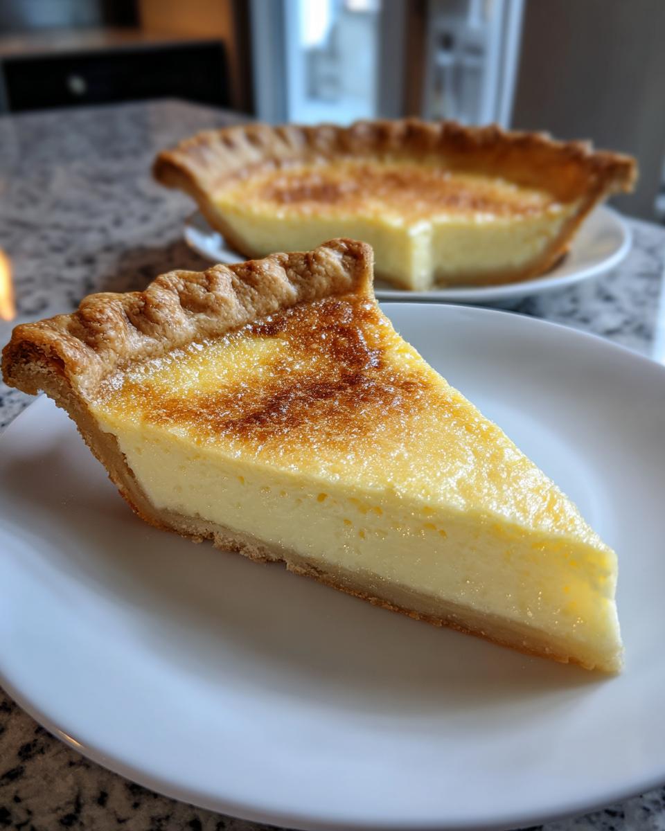 A close-up slice of creamy buttermilk pie with a beautifully browned, slightly caramelized top crust.