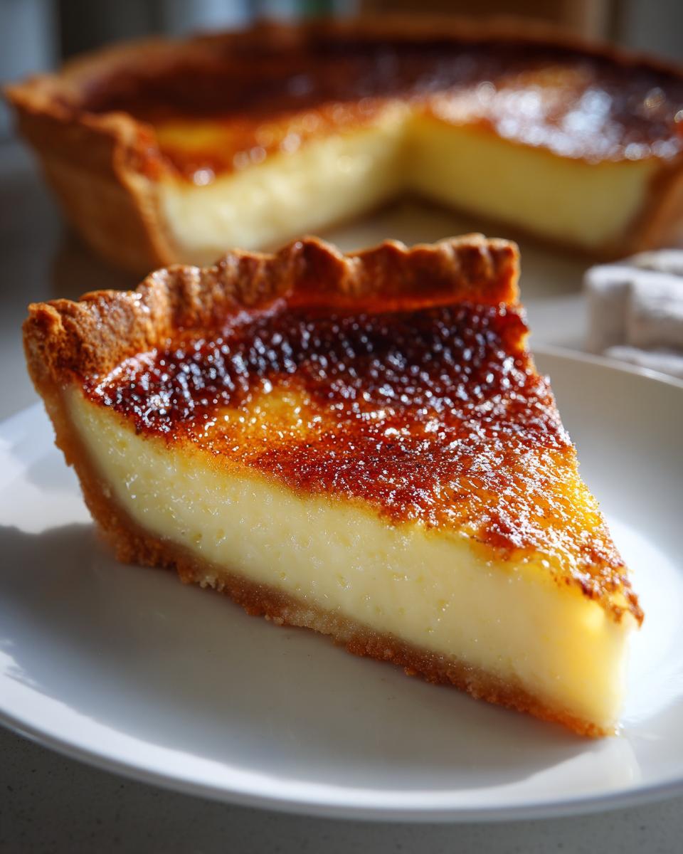 A close-up slice of buttermilk pie with a creamy yellow filling and a deeply caramelized, glossy top crust.