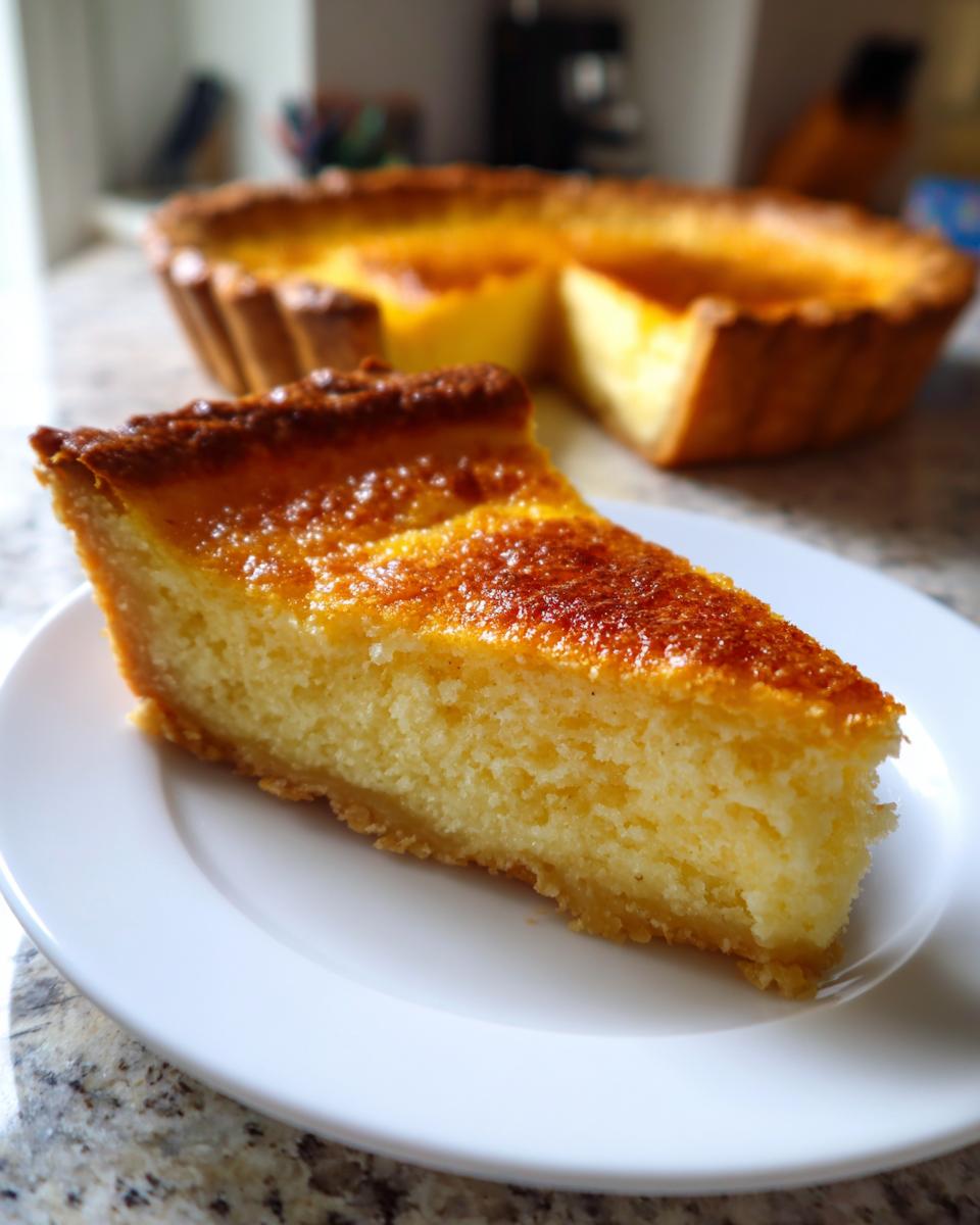 A close-up slice of golden-brown buttermilk pie resting on a white plate, with the rest of the pie blurred in the background.