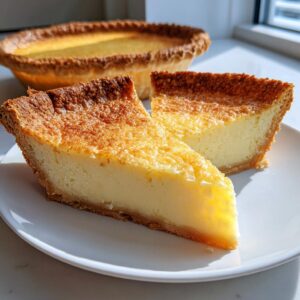 Two slices of rich, creamy buttermilk pie with a deeply browned top, served on a white plate with the rest of the buttermilk pie in the background.