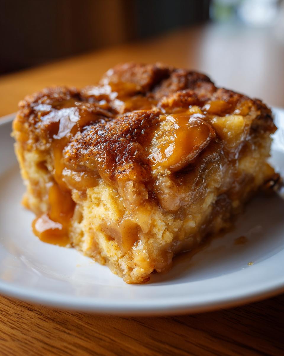 Close-up of a warm slice of caramel apple dump cake drizzled generously with caramel sauce on a white plate.
