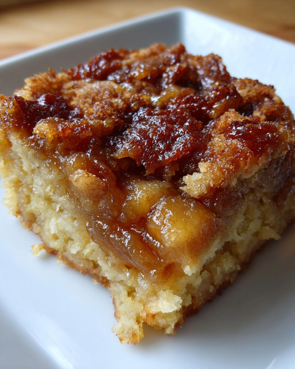 A close-up of a moist square slice of caramel apple dump cake with a gooey, caramelized topping.