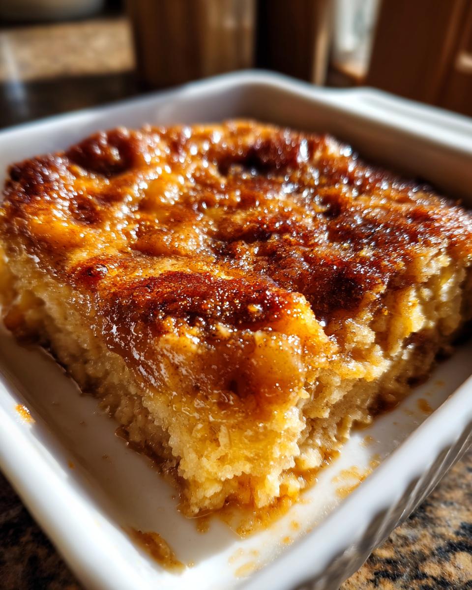 A close-up of a square slice of moist caramel apple dump cake with a shiny, caramelized topping in a white dish.