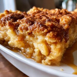 A close-up of a moist slice of caramel apple dump cake with a crunchy, caramelized topping and visible apple pieces.