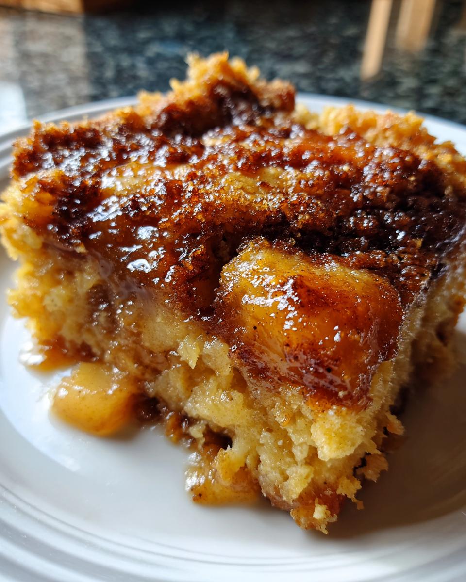 Close-up of a moist slice of caramel apple dump cake showing soft cake texture and gooey caramel topping.
