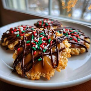 Close-up of Caramel Ritz Cracker Christmas Cookies topped with caramel, chocolate drizzle, and festive sprinkles.