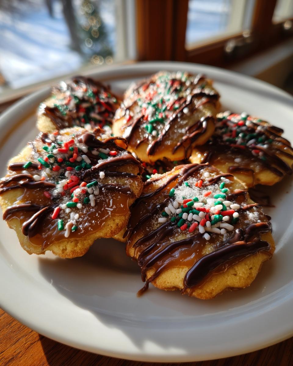 Close-up of five Caramel Ritz Cracker Christmas Cookies topped with caramel, chocolate drizzle, and festive sprinkles.