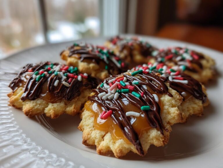 Close-up of several Caramel Ritz Cracker Christmas Cookies topped with caramel, chocolate drizzle, and festive sprinkles.