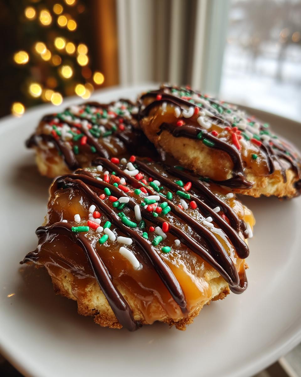 Close-up of three finished caramel ritz cracker christmas cookies drizzled with chocolate and festive sprinkles.