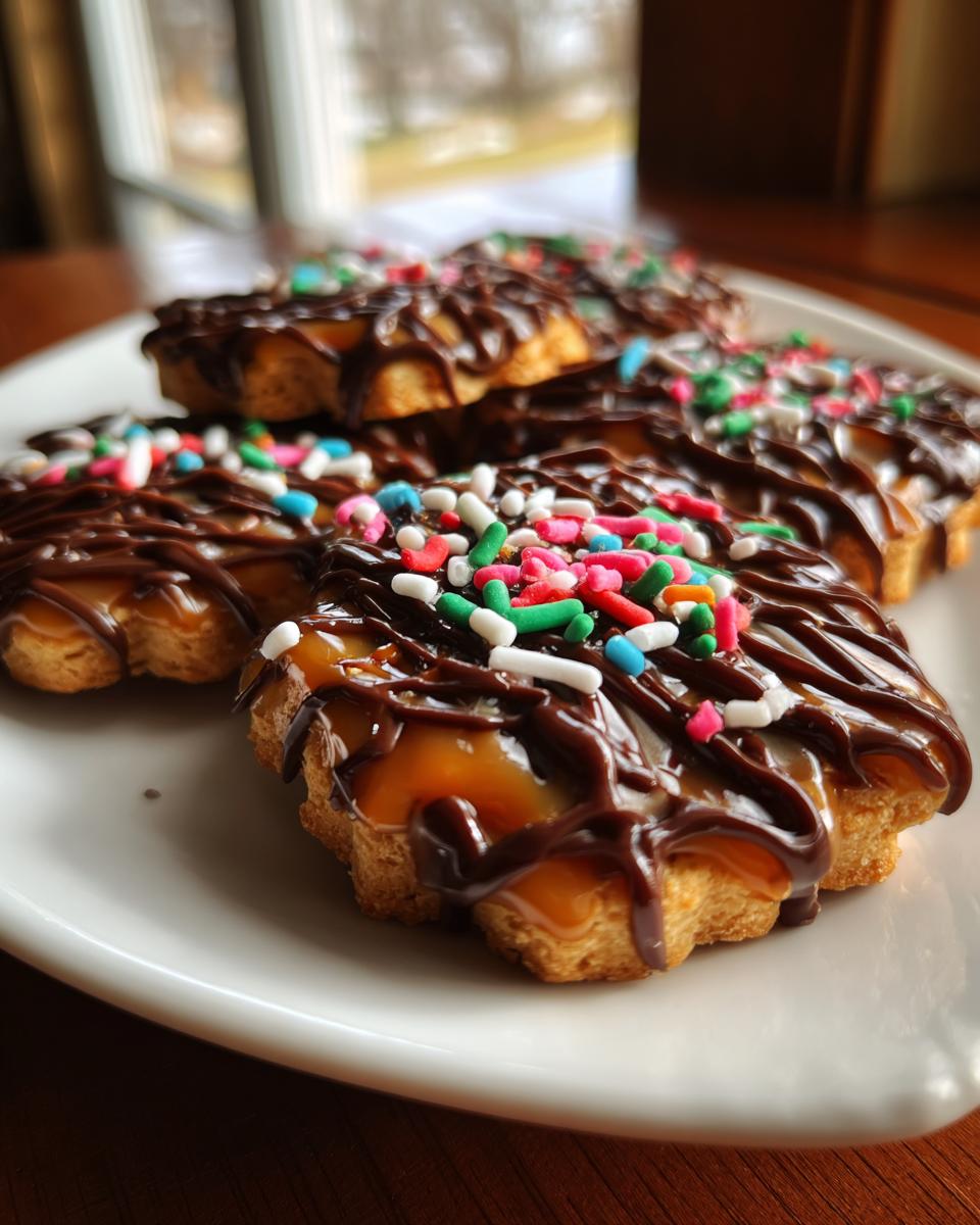 Close-up of several caramel ritz cracker christmas cookies topped with gooey caramel, chocolate drizzle, and colorful sprinkles on a white plate.