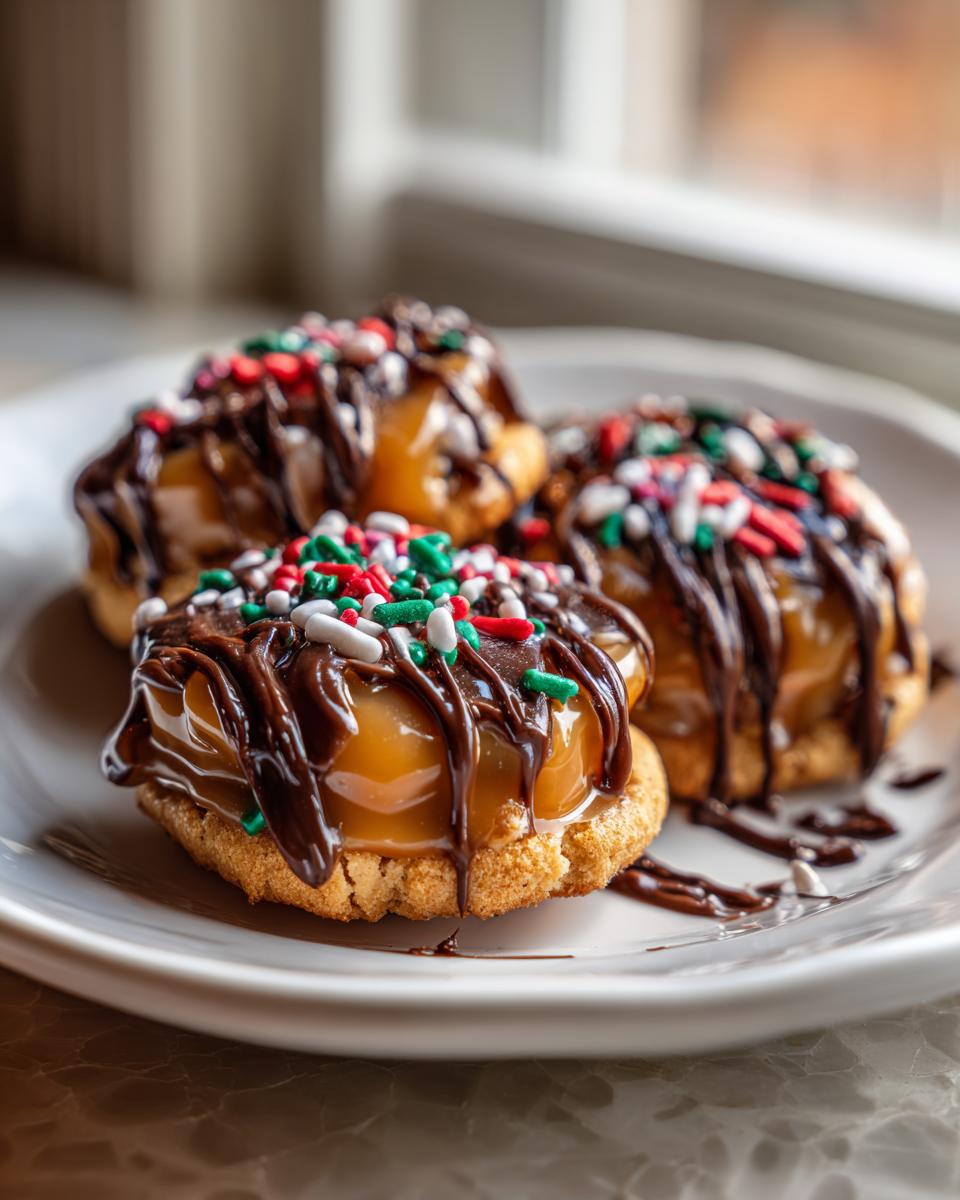 Three decadent caramel ritz cracker christmas cookies topped with chocolate drizzle and festive sprinkles.