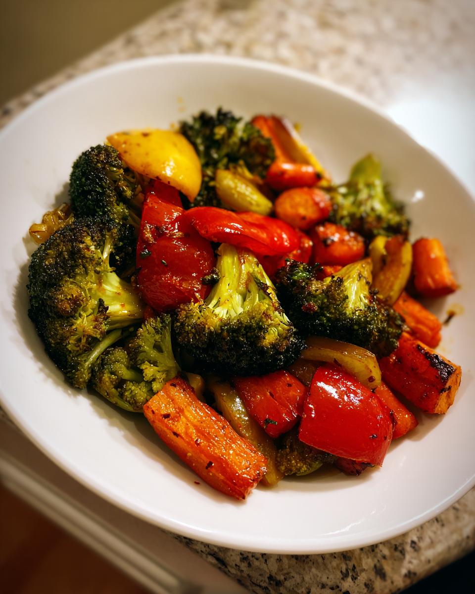 A close-up of perfectly caramelized roasted vegetables, including broccoli, carrots, and red peppers, served in a white bowl.
