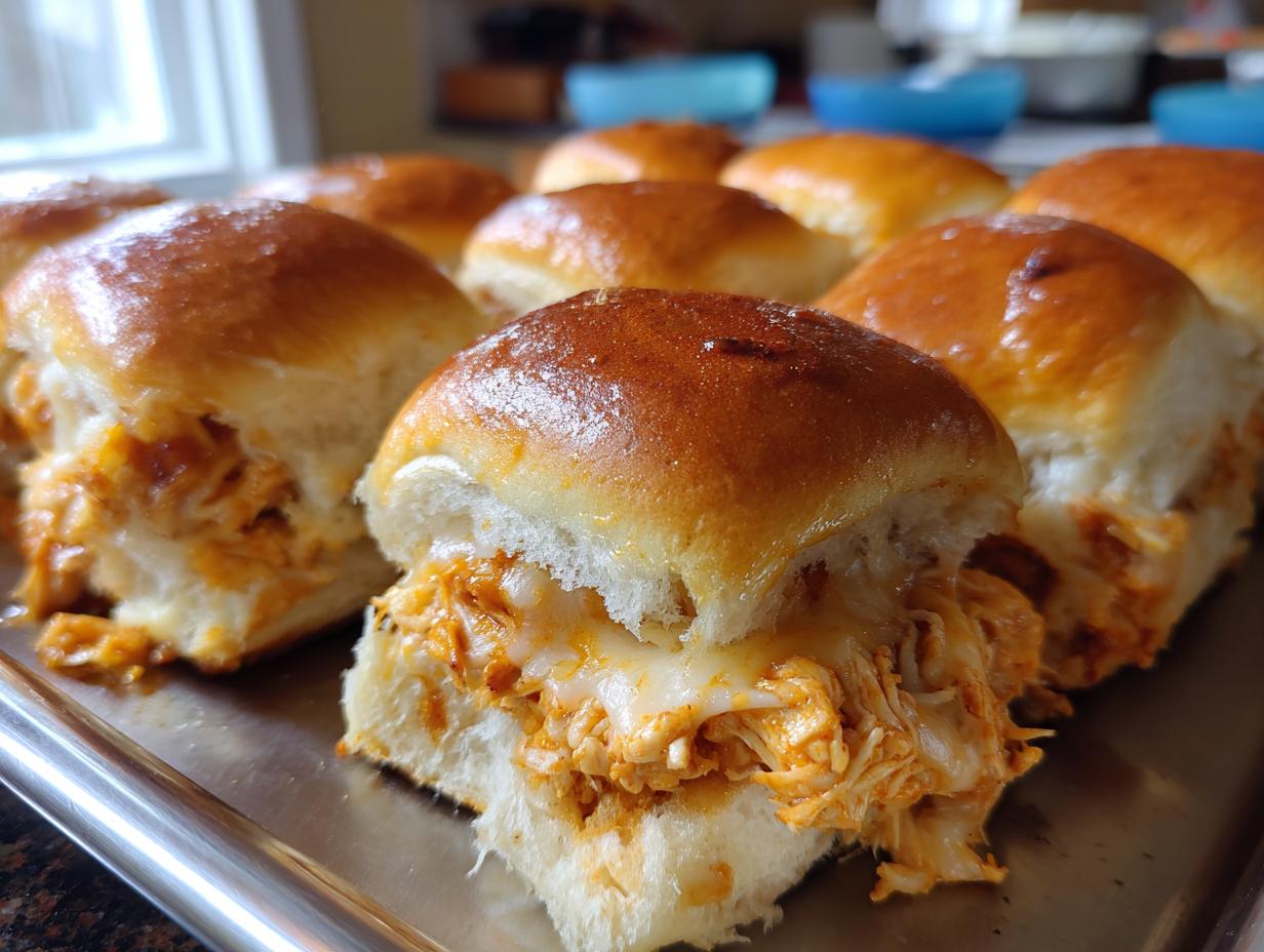 Close-up of freshly baked bbq chicken sliders with melted cheese oozing out of soft rolls.