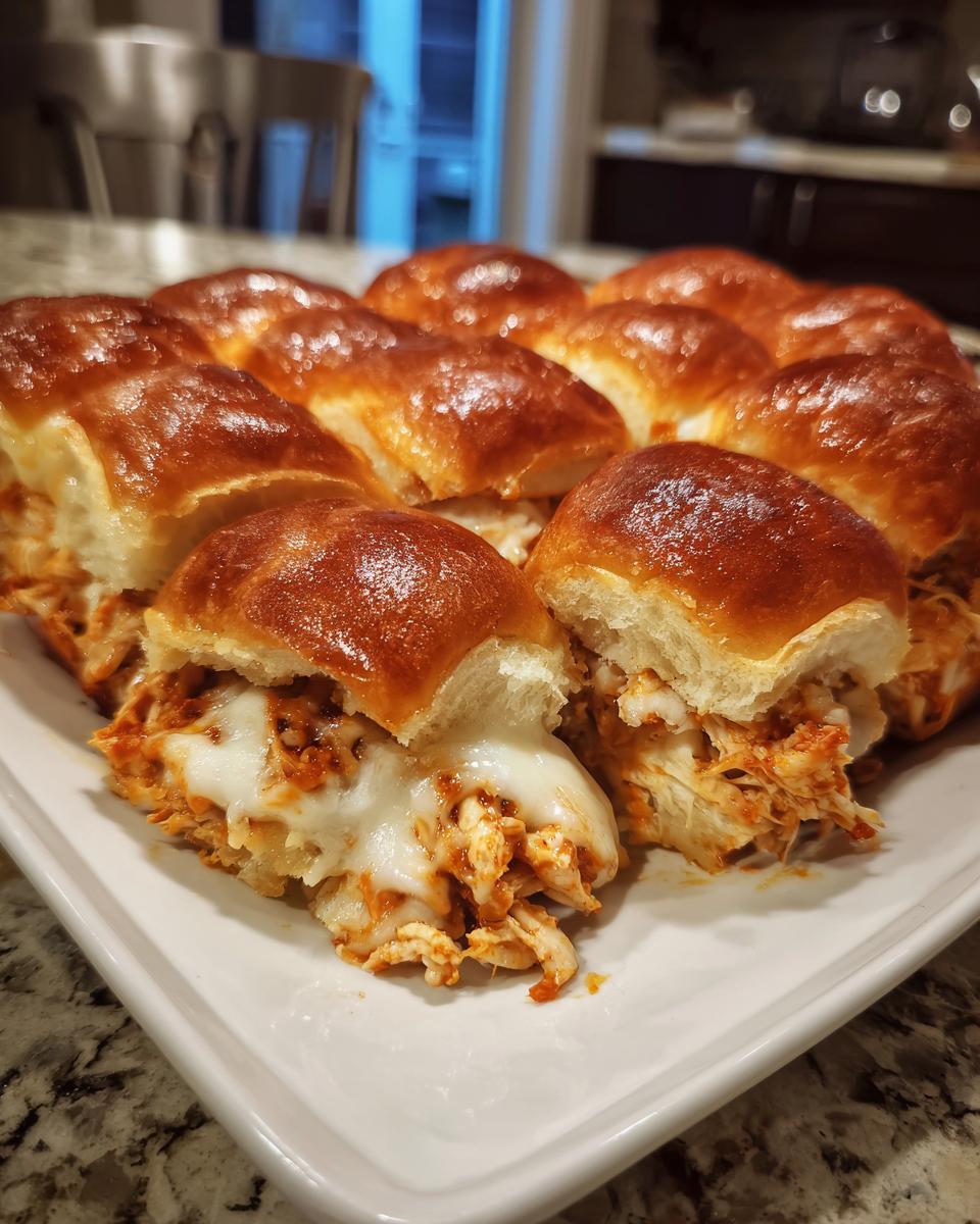 A platter of freshly baked bbq chicken sliders oozing with melted white cheese and shredded chicken filling.