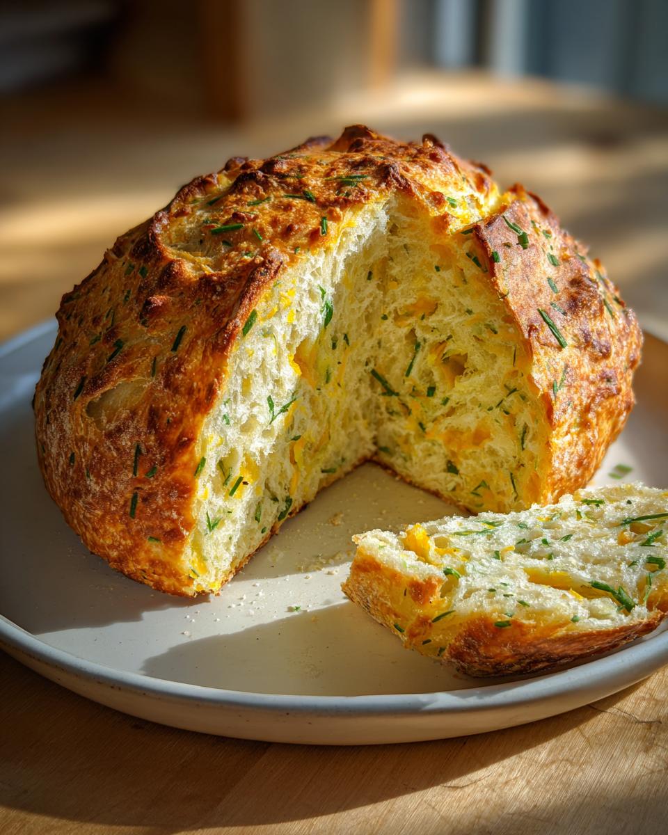 A golden-crusted artisan bread loaf, cut to show the soft interior filled with cheese and chives.