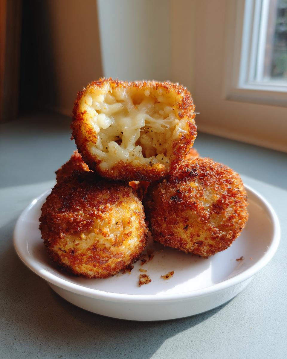 Close-up of golden brown, crispy fried rice balls, one cut open revealing a melted, cheesy interior.