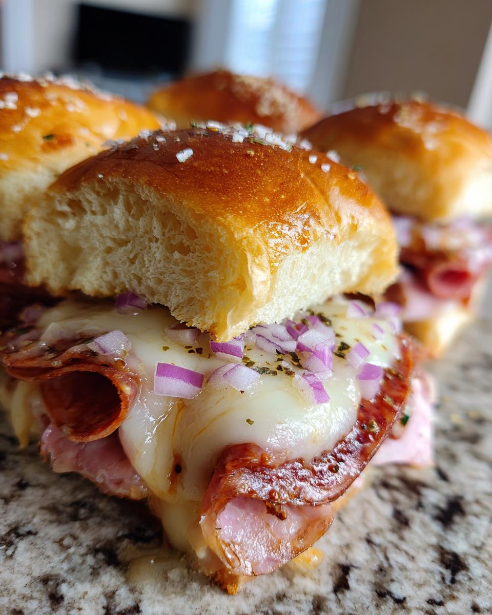 Close-up of a cheesy grinder slider showing melted cheese, pepperoni, ham, and diced red onion on a brioche bun.