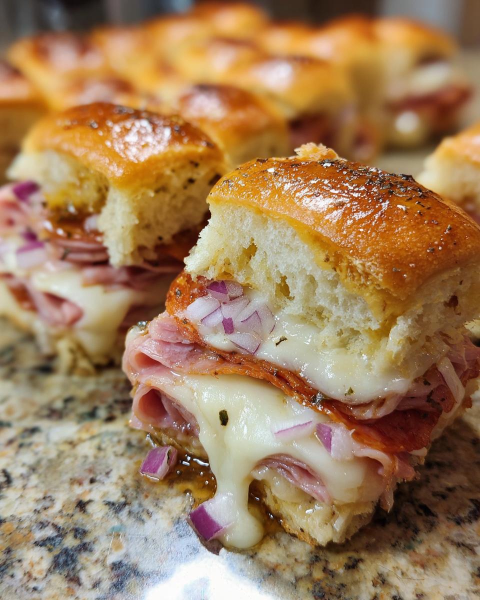 Close-up of a delicious grinder slider showing melted white cheese dripping over ham, pepperoni, and red onion.