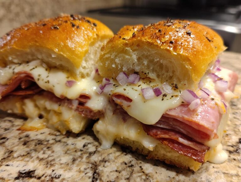 A close-up of a cheesy grinder slider cut in half, showing layers of meat, melted white cheese, and diced red onions on a toasted bun.