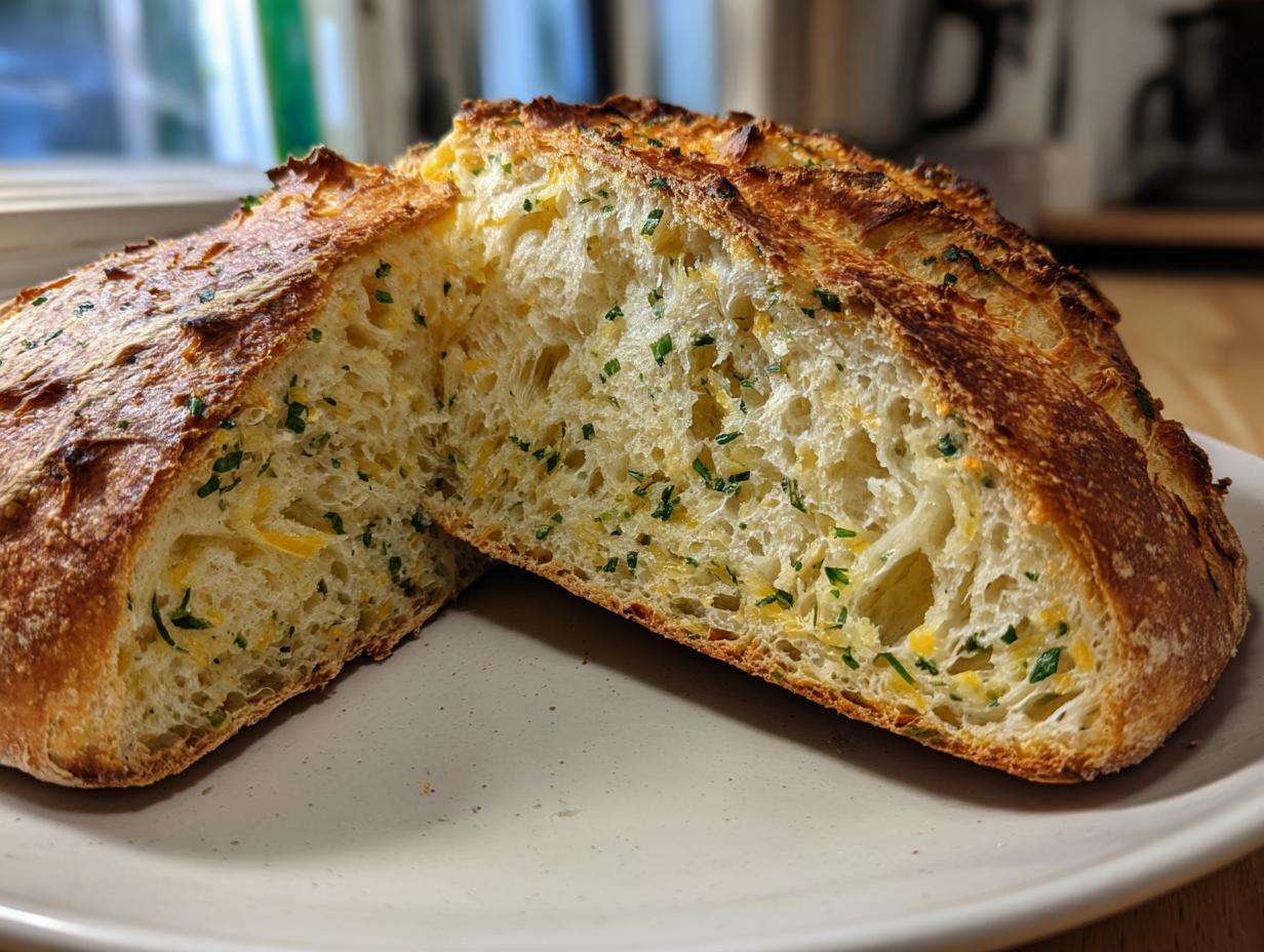 Close-up of a freshly baked artisan bread loaf cut in half, revealing a soft interior studded with green herbs and yellow cheese.