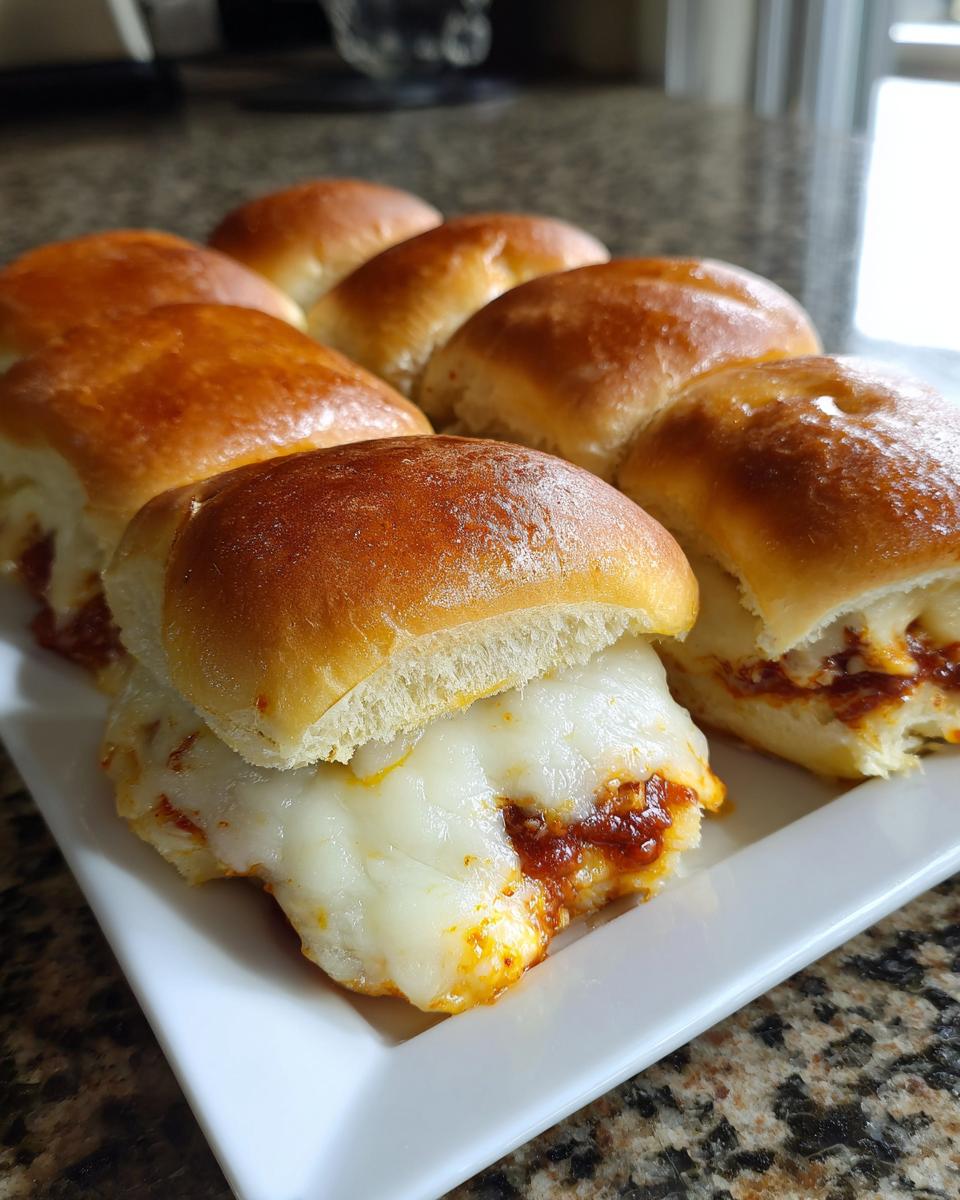 Close-up of several baked bbq chicken sliders with golden buns and melted white cheese oozing out.
