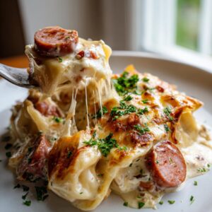 A fork lifts a cheesy, gooey portion of pierogi casserole topped with sliced sausage and parsley.