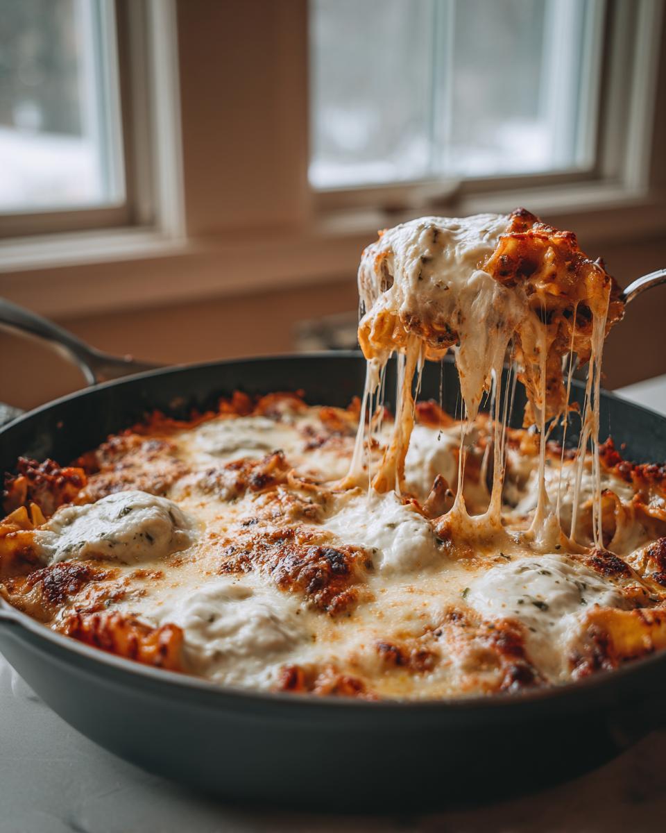 A spoonful of cheesy skillet lasagna is lifted, showing long, dramatic cheese pulls over the bubbling, baked dish.