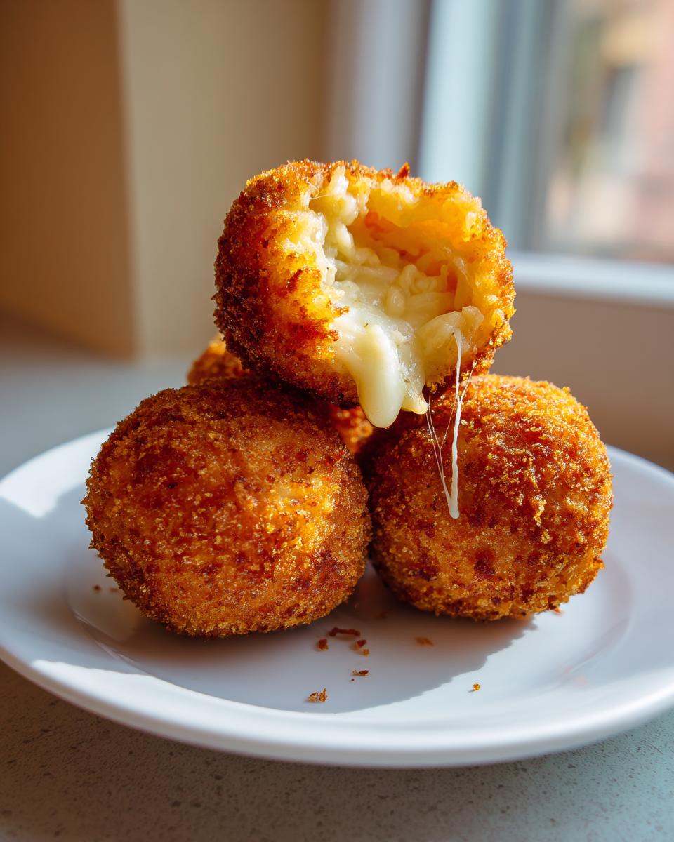 Close-up of three golden-brown, crispy rice balls, one broken open revealing a gooey, melted cheese center.