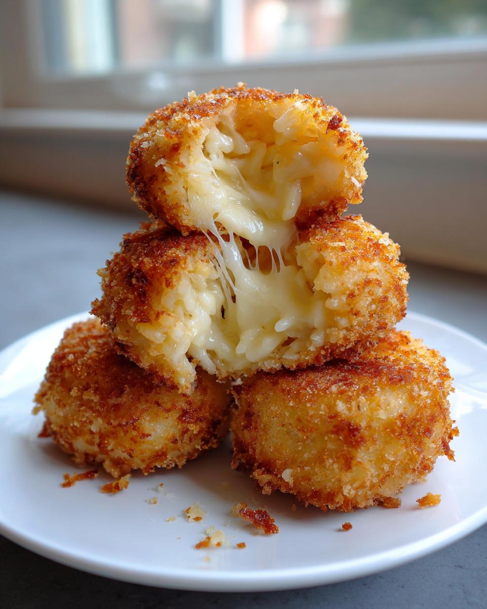 A stack of golden-brown, crispy rice balls, with the top one broken open revealing a dramatic, gooey cheese pull.