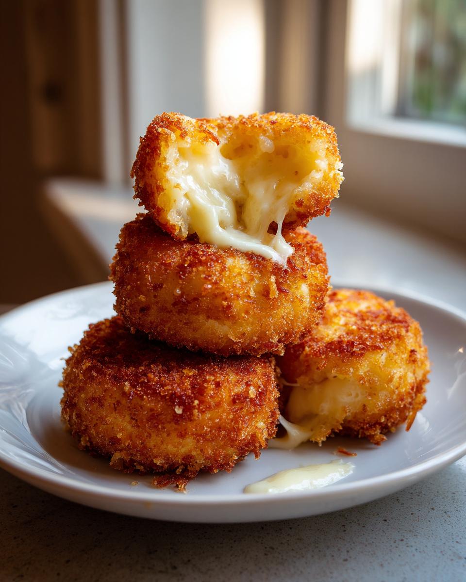 Three golden-brown, crispy fried rice balls stacked on a white plate, with the top one broken open showing melted cheese stretching out.