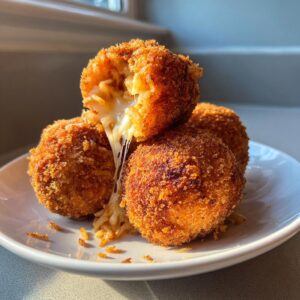 Close-up of golden brown, crispy rice balls stacked on a white plate, with one broken open showing melted cheese stretching out.