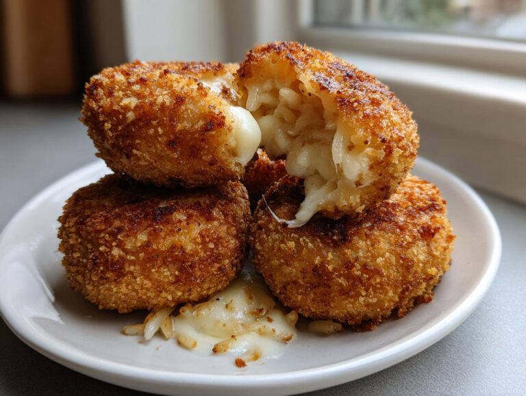 A stack of golden-brown, crispy rice balls, one broken open to show the melted cheese filling.