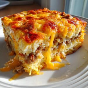 A decadent, cheesy slice of sausage and egg bake with melted cheese dripping down the side.