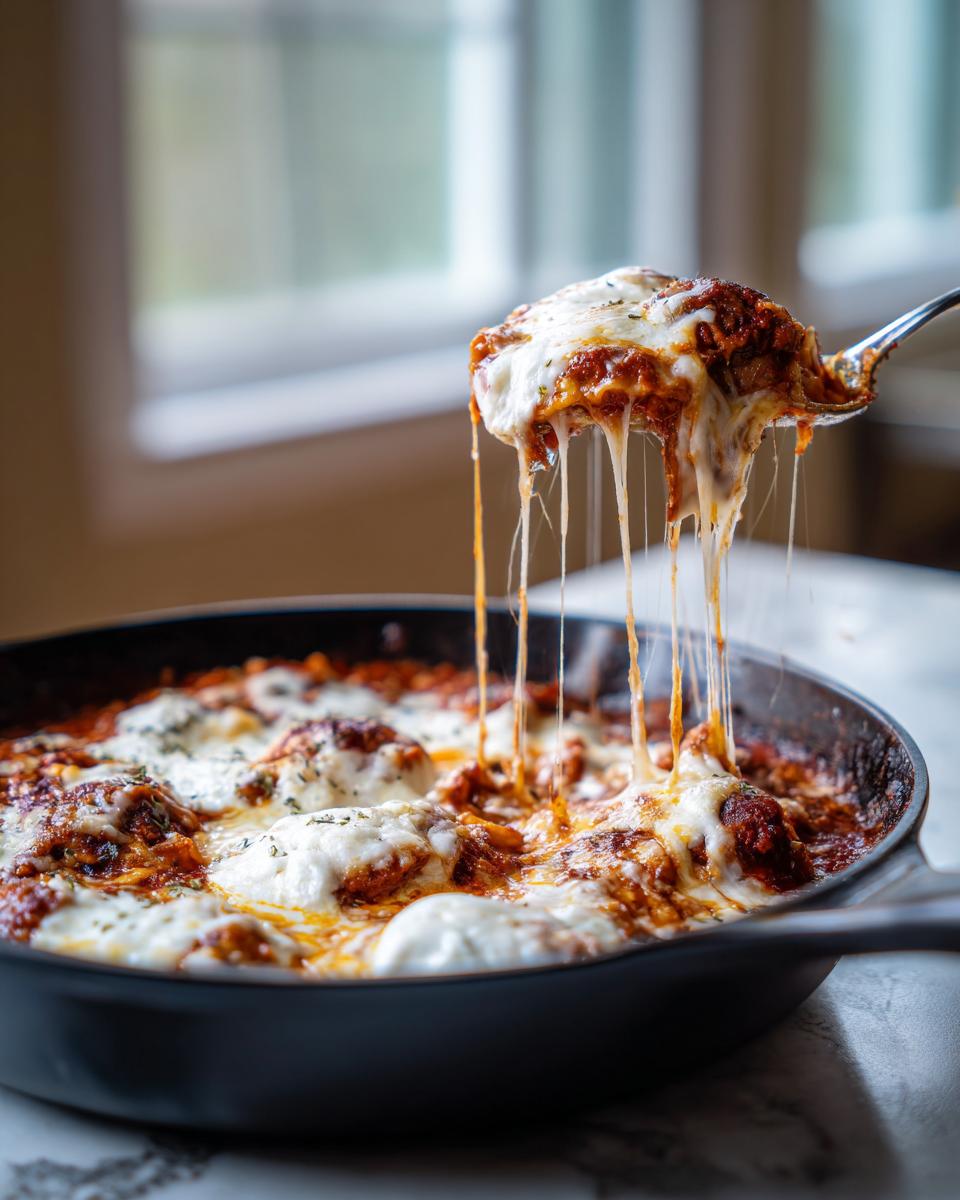 A spoonful of cheesy skillet lasagna being lifted from the pan, showing long, dramatic cheese pulls.