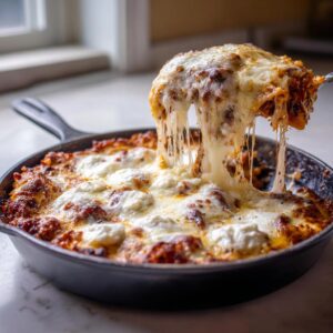 A serving spoon lifts a portion of cheesy skillet lasagna from a cast iron pan, showing extreme cheese pull.