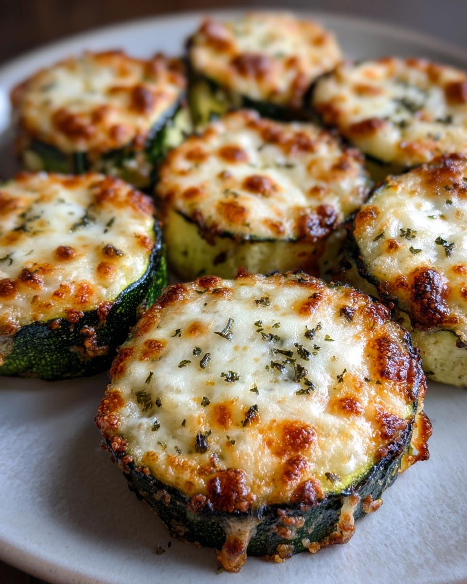 Close-up of several baked zucchini pizza bites topped with melted, browned cheese and herbs.