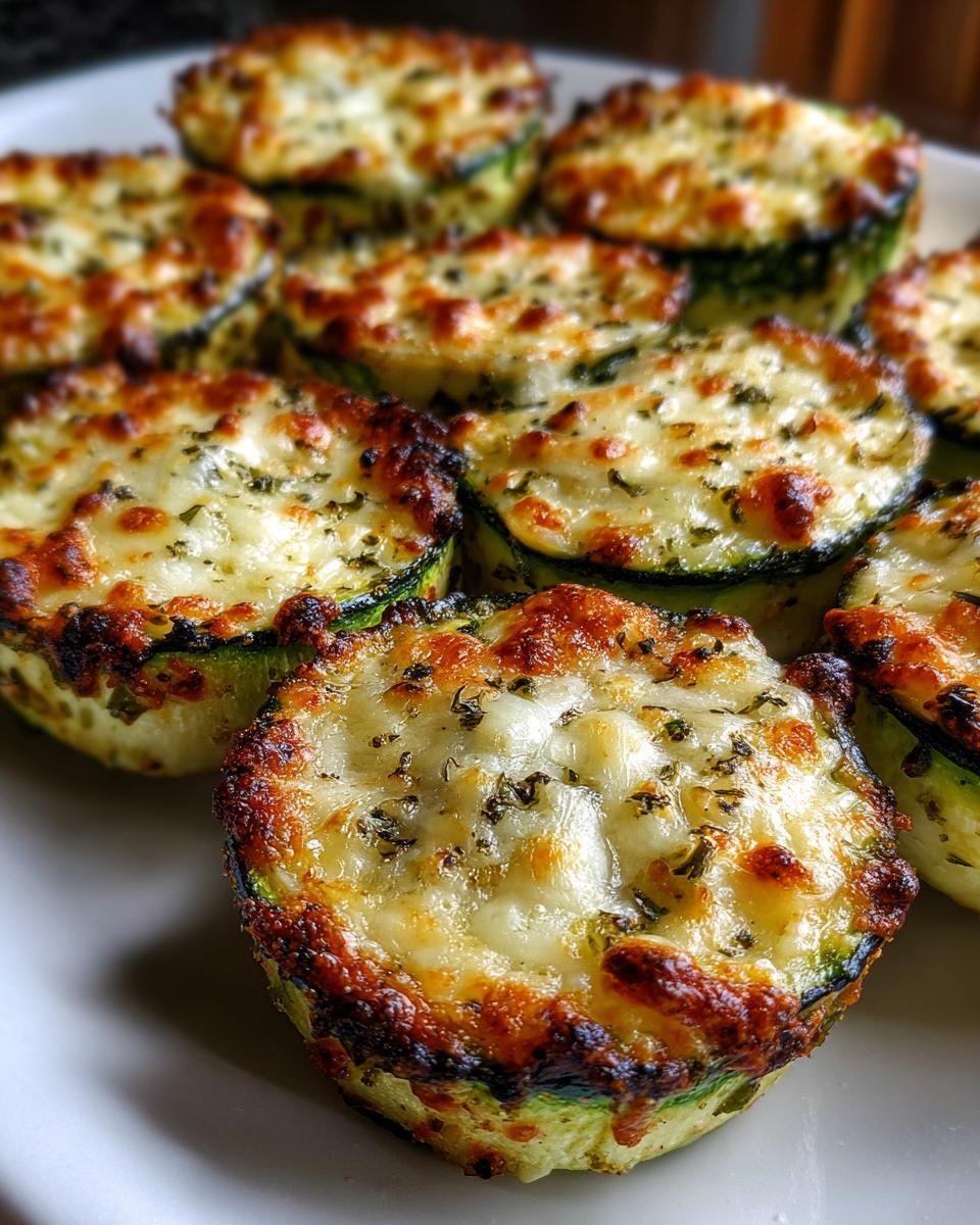 A close-up of several golden-brown zucchini pizza bites topped with melted, bubbly cheese and herbs.