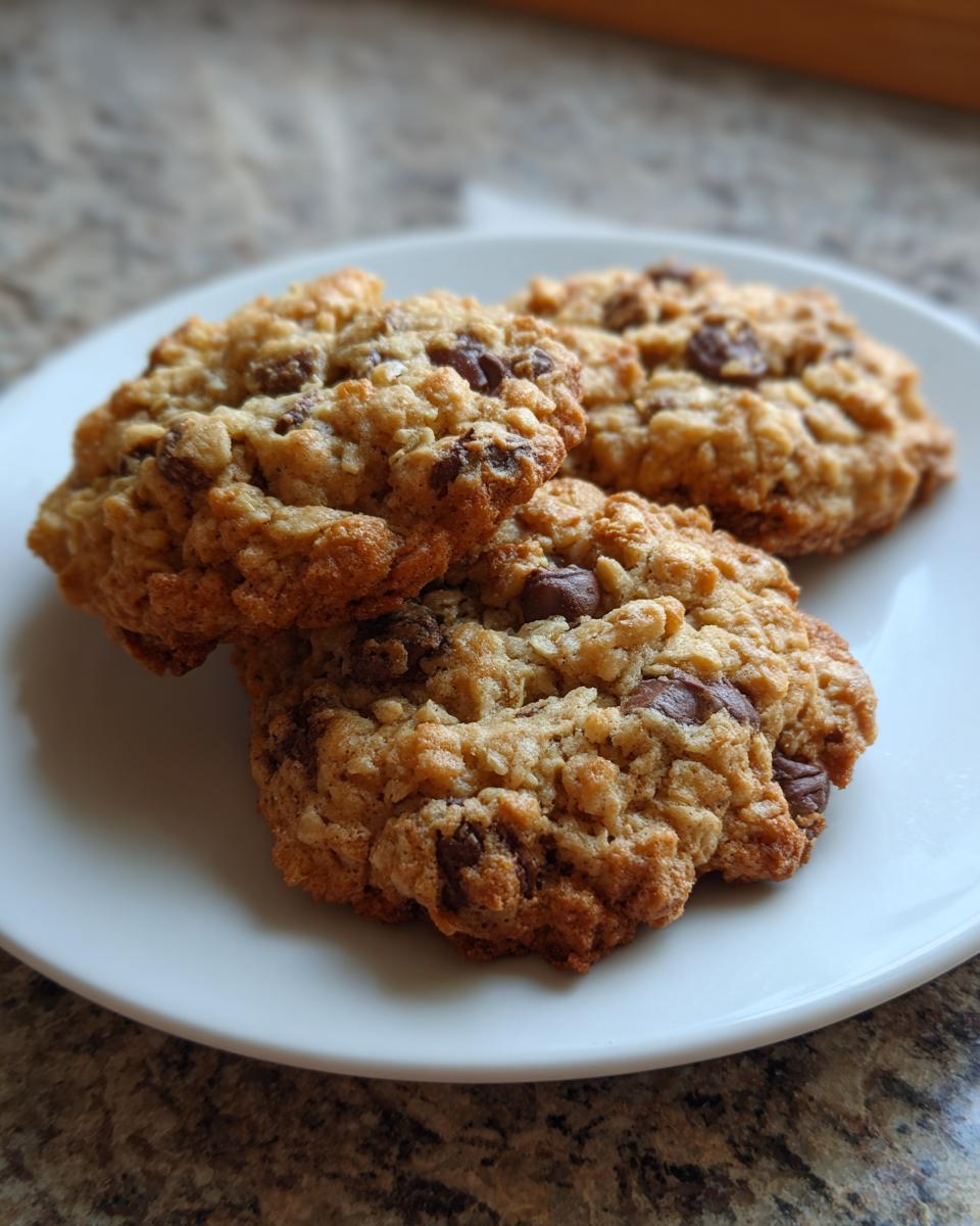 Three freshly baked, chewy chocolate chip oatmeal cookies stacked slightly on a white plate.